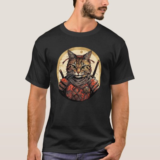 茶トラ猫のサムライ 面白いペット戦士 Tシャツ (正面)