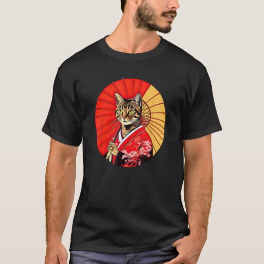 茶トラ猫の芸者 和風かわいいペットきもの Tシャツ (正面)