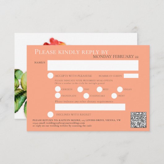 茶バラ水の色結婚のQRコード食事オレンジ 出欠カード (正面/裏面)