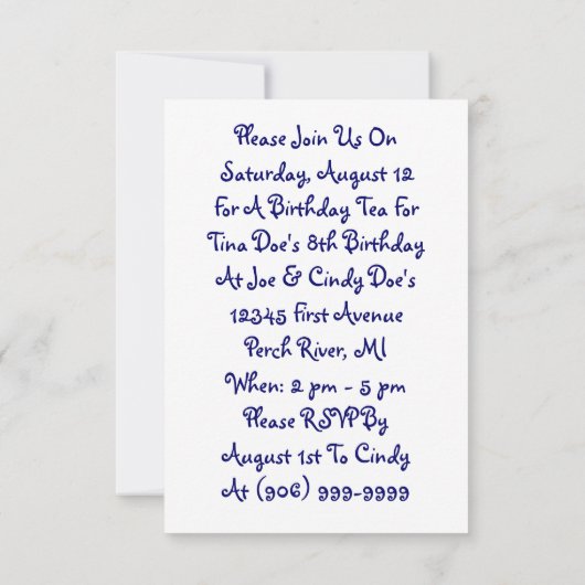 茶パーティの招待状を催しているヴィンテージのレトロの女の子 招待状 (裏面)