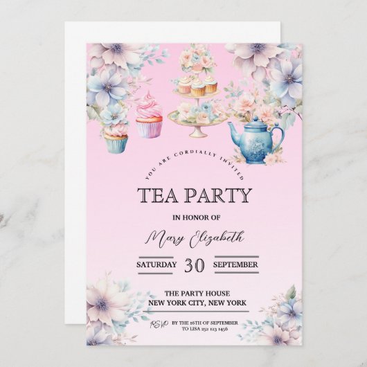 茶パーティの招待状、誕生日パーティーへの招待 招待状 (正面/裏面)