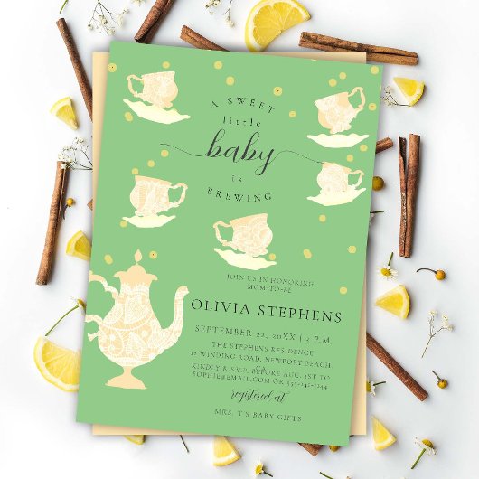 茶パーティーお洒落イエローボホレースベビーシャワー 招待状