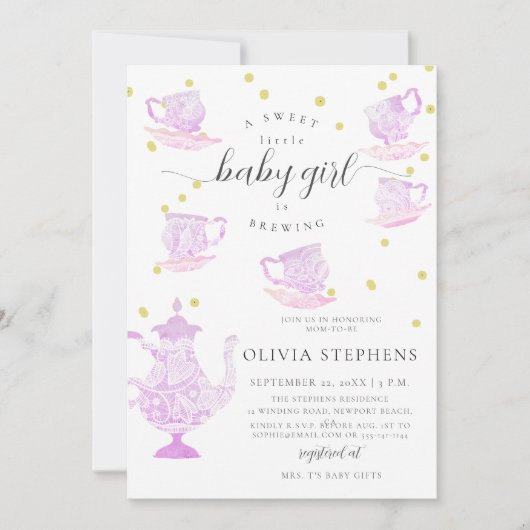 茶パーティーお洒落ピンクボホレースガールシャワー 招待状 (正面)