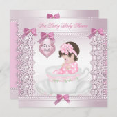 茶パーティーかわいらし赤ちゃんシャワーかわいい女の子ピンク 招待状 (正面/裏面)