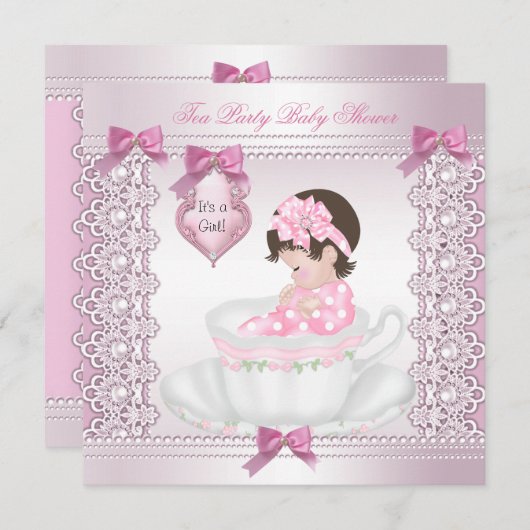 茶パーティーかわいらし赤ちゃんシャワーかわいい女の子ピンク 招待状 (正面/裏面)