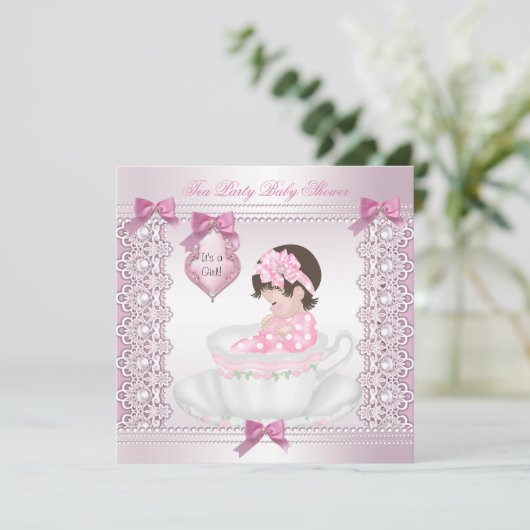 茶パーティーかわいらし赤ちゃんシャワーかわいい女の子ピンク 招待状 (スタンド正面)