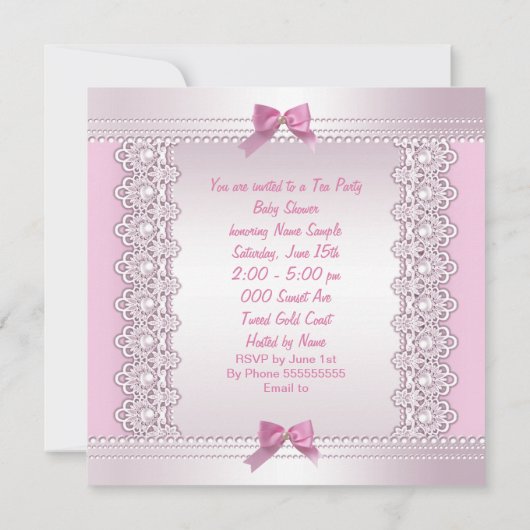 茶パーティーかわいらし赤ちゃんシャワーかわいい女の子ピンク 招待状 (裏面)