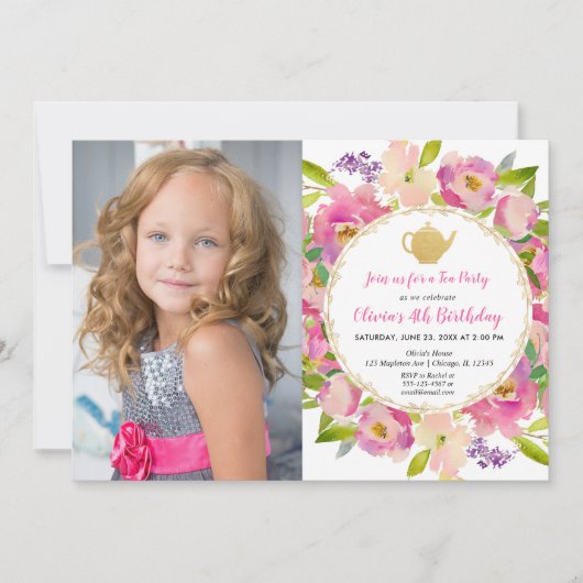 茶パーティーの誕生日の招待状、女の子の誕生日の写真 招待状 (正面)