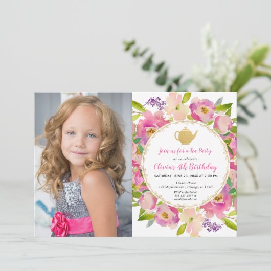 茶パーティーの誕生日の招待状、女の子の誕生日の写真 招待状 (スタンド正面)