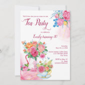 茶パーティーの誕生日カップにマゼンタの花を詰めた 招待状 (正面)