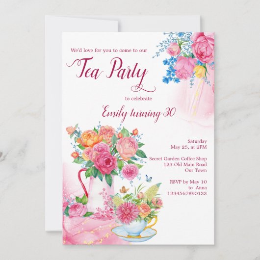 茶パーティーの誕生日カップにマゼンタの花を詰めた 招待状 (正面)
