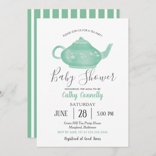茶パーティーみすぼらしいシックな赤ちゃんシャワー 招待状 (正面/裏面)