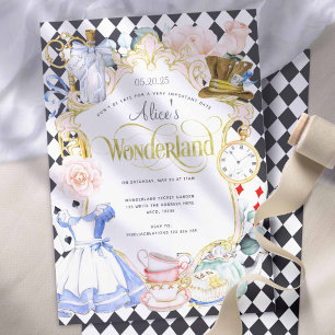 茶パーティーアリスin wonderland pink girl birthday I 招待状