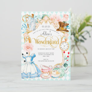 茶パーティーアリスin wonderland pink girl birthday I 招待状