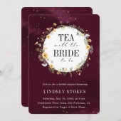 茶パーティーイエローワイルドフラワーブルゴーニュブライダルシャワー 招待状 (正面/裏面)