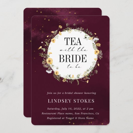 茶パーティーイエローワイルドフラワーブルゴーニュブライダルシャワー 招待状 (正面/裏面)