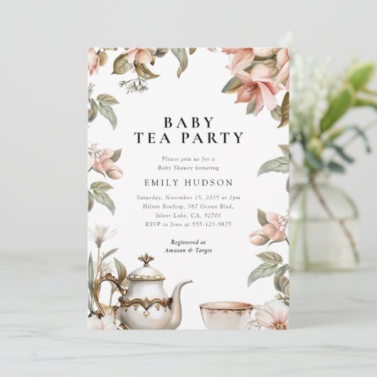 茶パーティーエレガントベビーシャワー招待状 招待状 (スタンド正面)