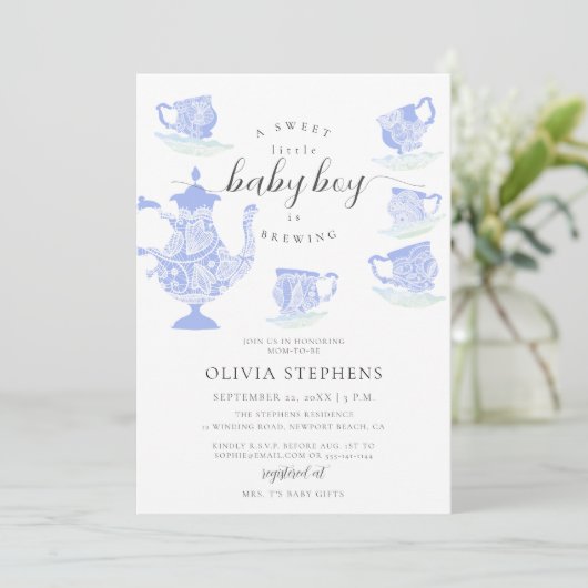 茶パーティーエレガントボホレースセット男の赤ちゃんシャワー 招待状 (スタンド正面)