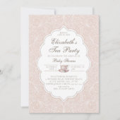 茶パーティーエレガントレースピーチピンクガールベビーシャワー 招待状 (正面)