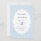 茶パーティーエレガントレースモダンブルーボーイベビーシャワー 招待状 (正面)
