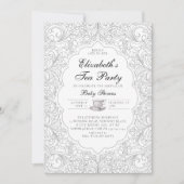 茶パーティーエレガントBWレースモダンフレームベビーシャワー 招待状 (正面)