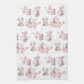 茶パーティーティーポットティーカップピンクローズフラワー キッチンタオル (縦)
