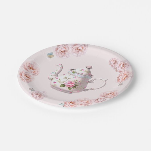 茶パーティーティーポットティーカップピンクローズフラワー ペーパープレート (アングル)