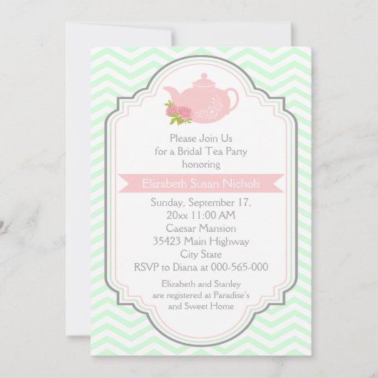 茶パーティーティーポット、シボロンピンクミントブライダルシャワー 招待状 (正面)