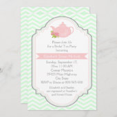 茶パーティーティーポット、シボロンピンクミントブライダルシャワー 招待状 (正面/裏面)