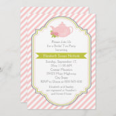 茶パーティーティーポット、ストライプブライダルシャワーピンク 招待状 (正面/裏面)