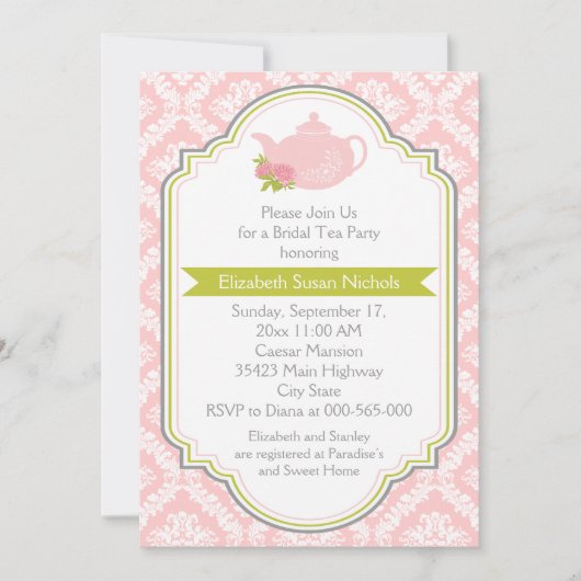 茶パーティーティーポット、ダマスクピンクグリーンブライダルシャワー 招待状 (正面)