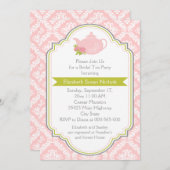 茶パーティーティーポット、ダマスクピンクグリーンブライダルシャワー 招待状 (正面/裏面)