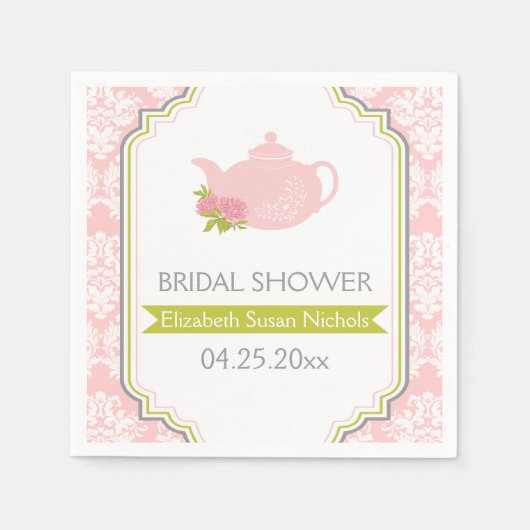 茶パーティーティーポット、ダマスクピンク、グリーン結婚ズ スタンダードカクテルナプキン (正面)