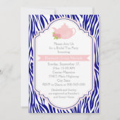 茶パーティーティーポット、ネイビーゼブラ印刷ブライダルシャワー 招待状 (正面)