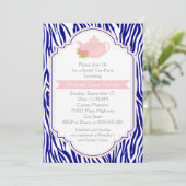茶パーティーティーポット、ネイビーゼブラ印刷ブライダルシャワー 招待状 (スタンド正面)