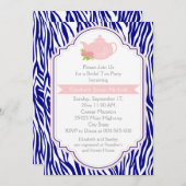茶パーティーティーポット、ネイビーゼブラ印刷ブライダルシャワー 招待状 (正面/裏面)