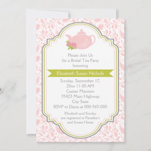 茶パーティーティーポット、ペイズリーピンクグリーンブライダルシャワー 招待状 (正面)