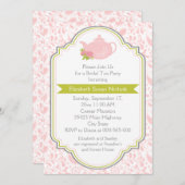 茶パーティーティーポット、ペイズリーピンクグリーンブライダルシャワー 招待状 (正面/裏面)