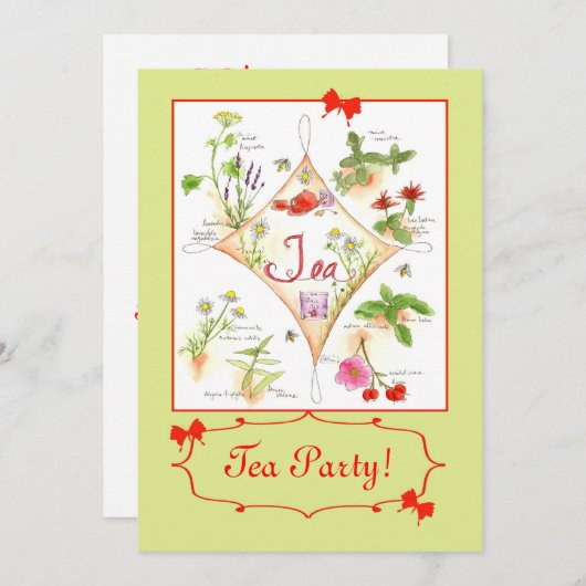 茶パーティーハーブティー水カラーイラストレーションアート 招待状 (正面/裏面)