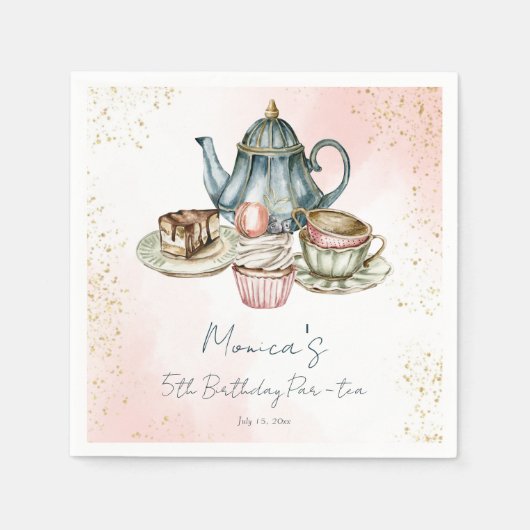 茶パーティーピンクの青の誕生日パーソナライズされた スタンダードカクテルナプキン (正面)