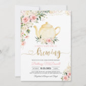 茶パーティーピンクフローラガールベビーシャワー 招待状 (正面)
