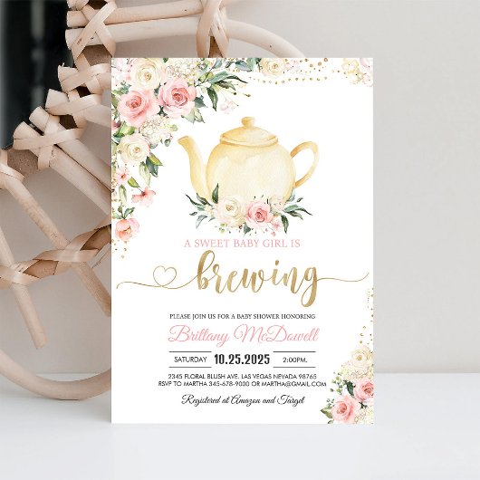 茶パーティーピンクフローラガールベビーシャワー 招待状