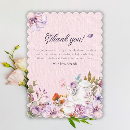 茶パーティーピンク水彩花赤ちゃんシャワー サンキューカード