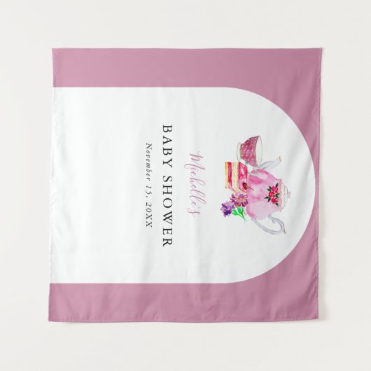 茶パーティーピンク背景ベビーシャワー写真ブース タペストリー (正面(横))