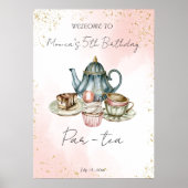 茶パーティーピンク色の水色の誕生日へようこそ ポスター (正面)