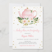 茶パーティーピンク金ゴールドフローラ赤ちゃんシャワー 招待状 (正面)