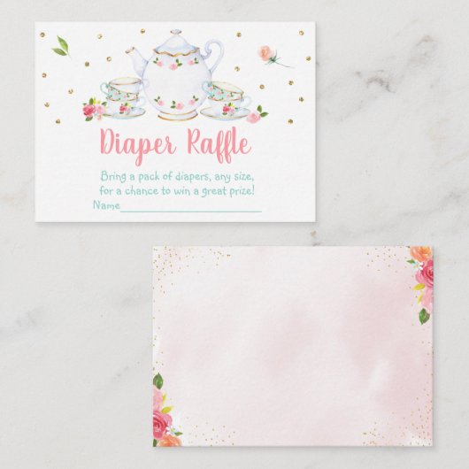 茶パーティーピンク金ゴールド赤ちゃんシャワーおむつラッフル エンクロージャーカード (正面/裏面)