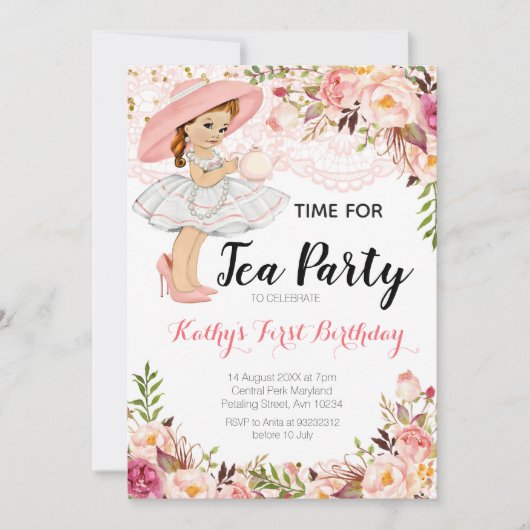 茶パーティーフローラピンクガール誕生日 招待状 (正面)