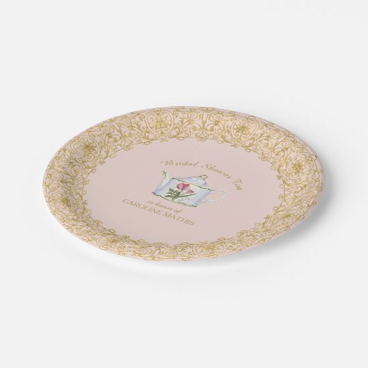 茶パーティーフローラピンク金ゴールドグリッターブライダルシャワー ペーパープレート (アングル)