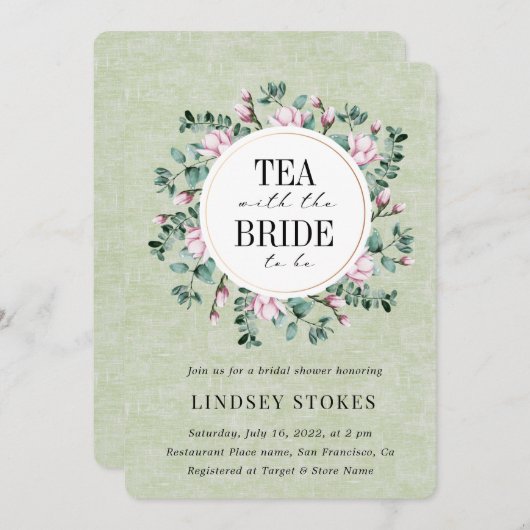 茶パーティーフローラリース素朴ブライダルシャワー 招待状 (正面/裏面)